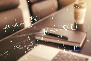 Poster - Creative scientific formula concept on modern laptop background. Multiexposure