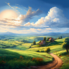 Sticker - A peaceful countryside scene with rolling hills and bright sky