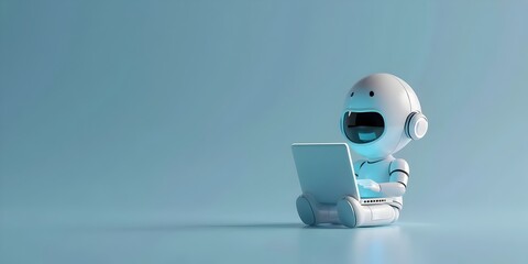 Poster - Futuristic Robot Character Unlocks Digital Worlds of Opportunity on Laptop Device in Minimalist Blue Studio Setting