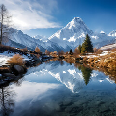 Sticker - A serene lake with a reflection of snow-capped moutains