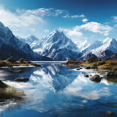 Canvas Print - A serene lake with a reflection of snow-capped moutains