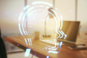Poster - Creative artificial Intelligence concept with human head sketch on modern computer background. Double exposure