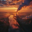 nuclear power plant in Germany, aerial view at sunset, a river flowing nearby, white plumes of smoke rising from the chimney