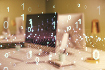 Aufkleber - Creative abstract binary code hologram on modern computer background, AI and machine learning concept. Multiexposure