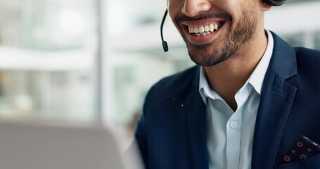 Poster - Laptop, mouth and business man in call center with headset for customer support or service closeup. Smile, computer and contact with happy employee working in tech agency for online consulting