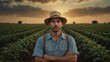 Portrait of young caucasian soybean farmer on crops farm land field landscape background, work natural agriculture business concept from Generative AI