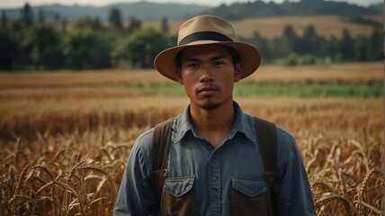 Portrait of young filipino wheat farmer on crops farm land field landscape background, work natural agriculture business concept from Generative AI