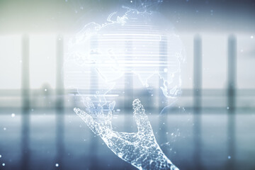 Aufkleber - Double exposure of abstract digital world map hologram on empty room interior background, big data and blockchain concept