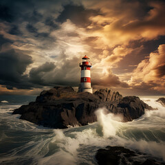 Poster - Dramatic clouds over a lighthouse by the sea. 