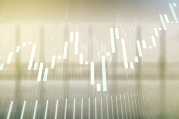 Poster - Double exposure of abstract creative financial chart hologram on empty modern office background, research and strategy concept