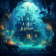 Enchanted underwater city with mermaids and sea creatures