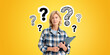 Blonde woman with clipboard in hands and question marks on colored background