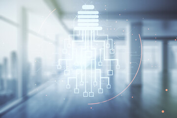 Poster - Virtual creative light bulb illustration with microcircuit on empty room interior background, future technology concept. Multiexposure