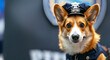 Portrait of a corgi police dog in uniform. Copy space