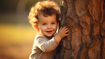 Wall Mural - a small child hugs a tree, love for nature