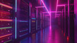 Cloud computing and data center servers are illuminated by neon lights, styled with reduced-scale architecture in dark violet, red, light aquamarine, and yellow hues.