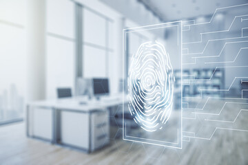 Aufkleber - Multi exposure of virtual graphic fingerprint sketch on a modern furnished classroom background, fingerprint scan data concept