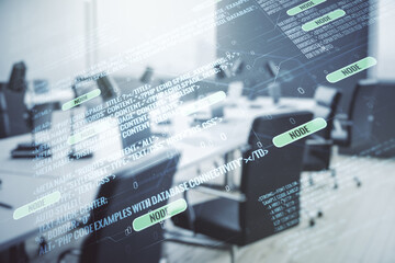 Aufkleber - Double exposure of abstract programming language interface on modern corporate office background, research and development concept