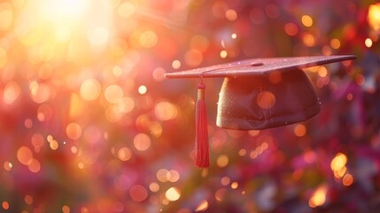   A graduation cap with a red tassel hanging to one side, against a blurred background