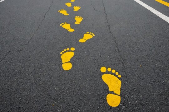 yellow footprints on grey asphalt