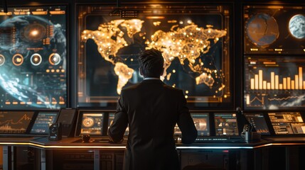 Fototapete - A man is sitting in front of a computer monitor with a map of the world on it. He is wearing a suit and tie