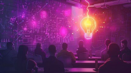 Poster - a classroom with a light bulb on a wall and people sitting in chairs. scene is educational and focus