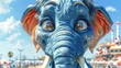   A tight shot of an elephant statue, its face daubed with blue paint A throng of bystanders populates the background