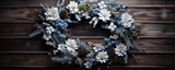 Fototapeta Las - Christmas Wreath decoration made of fir tree on wooden background