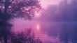 A tree is reflected in the water of a lake. The sky is pink and the water is purple