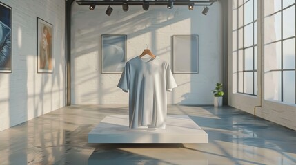 Sticker - A white shirt is hanging on a rack in a room with a window. The room is empty and has a minimalist feel