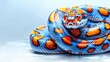   A blue-orange snake with orange speckles on its head, unveils an open mouth and extends its tongue