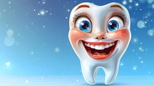   A Cartoon Tooth With Large Blue Eyes And Smiling Face Amidst Snowflake Backdrop