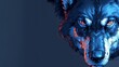   A tight shot of a wolf's expressive face, its eyes emitting vivid red and blue radiance