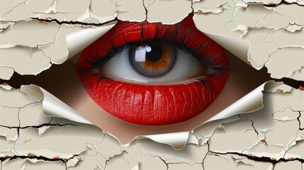   A woman's face, close-up Red lipstick marks her full lips Gazing intently through a hole in a weathered wall's cracks