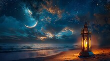 This Is An Image Of A Beautiful Lantern Lamp On The Beach With A Crescent Moon In The Night Sky,