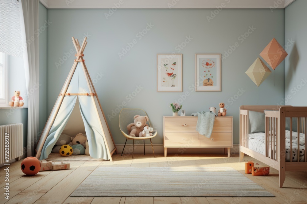 Functional Nursery room interior minimalism. Children design. Generate ...
