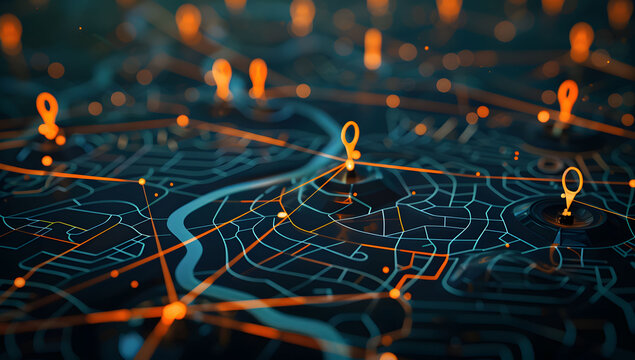 A digital map featuring interconnected location pins, symbolizing global network connectivity and geographic information technology. Concept of global connections and geolocation maps for business.