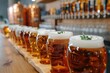 Close-up of a flight of beer tasters on a bar with a restaurant in the background