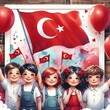 © organik - Children waving the Turkish flag on April 23, flying red balloons in the background, watercolor painting