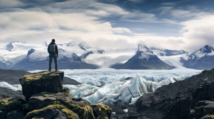 Poster - A man stands on a rocky mountain top, looking out over a vast expanse of ice