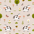 Seamless pattern with cute cow and flowers for your fabric, children textile, apparel, nursery decoration, gift wrap paper, baby's shirt. Vector illustration