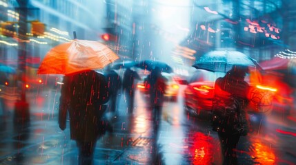 A blurry image of people walking in the rain with umbrellas. Scene is gloomy and wet