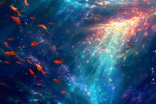 : A Peaceful, Abstract Underwater World Of Glowing, Aquatic Life, Dancing In The Calming Light Of The Abyss.