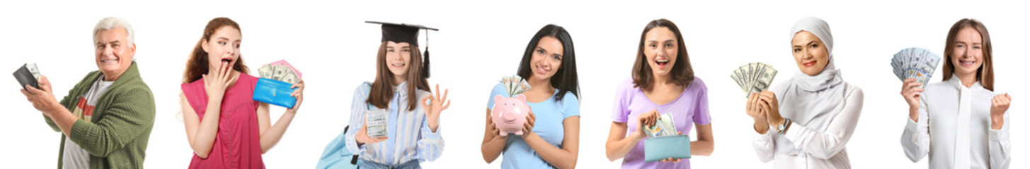 Wall Mural - Group of people with dollar banknotes on white background