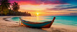 Tranquil Tropical Escape: Wooden Boat Resting on a Beach with Sunset Glow 