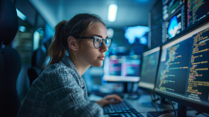 intense young woman coding on multiple screens
