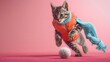 Tabby Cat Playing Soccer in Vibrant Vest and Scarf on Soft Pink Background