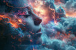 A surreal image blending a woman's side profile with a cosmic dreamscape, nebulae, and stars in a deep space setting.