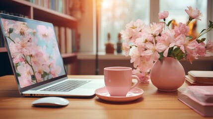 Fototapete - Workspace Aesthetics Computer, Office Supplies, Floral Details, Coffee