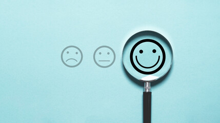 Poster - Smile face icon inside magnifier glass for customer excellent evaluation and feedback survey after use product and service concept.